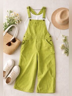Lime Green Denim Overalls Size Large 100% Cotton Spring Dopamine Y2K Bold Street